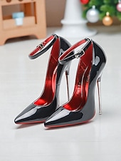 cheap Classic Pumps-Women's Red Patent Leather Stiletto Heels, Shiny Ankle Strap High Heels with Metal Pin Heel for Christmas Parties &amp; Holiday Celebrations