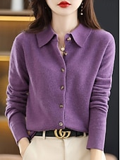 ieftine Cardigan simplu-Pentru femei Pulover Casual Culoare solidă Guler Cămașă Nasturi Manșon Lung Topuri obișnuite Tricotat Casă Zilnic Concediu Negru Alb Toamnă Iarnă