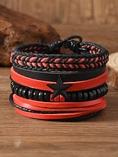 levne Pánské šperky-Pánská sada náramků z umělé kůže, červeno-černé tkané náramky s detaily zlého oka a korálků, stylové na Vánoce, různé vzory