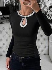 baratos Camiseta lisa-Mulheres Blusa Patchwork Purpurina Côr Sólida à moda Casual Manga Longa Gola Redonda Tops regulares Diário Azul Preto Vinho Verde Primavera Outono Inverno