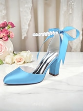 billige Pumps med blokkhæl-dame oransje sateng pumps med blokkhæl og perlemor &amp;bånd ankelstropp - elegante spisse høyhælte sko til bryllup, fester &amp;kveldsarrangementer