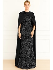 billiga Ballgowns för kvällsbruk-A-linje Golvlång Balklänning med kappa Kvälls klänningar Formell klädsel Elegant Vintage Den lilla svarta Ärmlös Hög hals Formell Bröllop Caper Spets Stretch crepe med Broderad Sjal