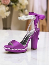 abordables Demoiselle d&amp;#39;honneur-Escarpins à plateforme en satin rose pour femme avec bride cheville en perles et nœud - sandales élégantes à talons hauts pour cocktails et événements formels