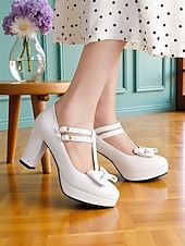 cheap 1950s Retro-Women's 1950s Vintage Patent Faux Leather T-Strap Heels with Bow Detail, Comfortable Chunky Block Heel, Elegant for Parties, Weddings and Special Occasions