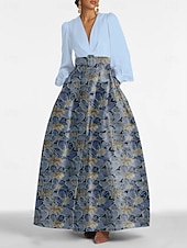 ジャカードブロケード フローラル Aラインイブニングガウン ドレス フォーマルウェディングゲスト フロアレングス 長袖 Vネック ベルト ナイロン スリットポケット お買い得  Aラインのイブニングドレス-ジャカードブロケード フローラル Aラインイブニングガウン ドレス フォーマルウェディングゲスト フロアレングス 長袖 Vネック ベルト ナイロン スリットポケット