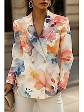 Women's Blazer Warm Comfortable Buttons Vintage Fashion Classic Modern Floral Vacation Home Casual Daily Double Breasted Regular Notch Lapel Regular Fit Long Sleeve Outerwear Pink Blue Spring Fall4