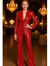 baratos Fatos Femininos-Black Women's Blazer Two Piece Formal Wedding Guest Sequin Elegant Tuxedo Long Sleeve Slim Peak Single Breasted