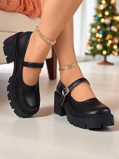 baratos Sapatos Mary Jane-Sapatos plataforma mary jane femininos bordô com tira de fivela, sola grossa, estilo casual e chique para inverno, natal e uso diário