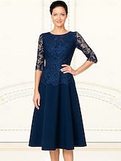  A-Linie Tee-Längen-Partykleid Cocktailkleid Hochzeitsgastkleid Brautmutterkleid 3/4-Ärmel Crew-Ausschnitt elegant vintage formell Spitze mit Spitze