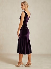  Damen Midikleid Trompeten- Meerjungfrauenkleid Elegant Party Hochzeitsgast Cocktailparty Normale Passform Einfarbig Ärmellos Wasserfallausschnitt Aubergine