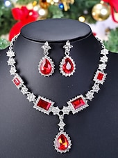 halpa Naisten kaulakoru-Naisten punainen jalokivikaulakoru ja korvakorusetti, elegantit kristallikorut joulujuhliin, lomalahjoihin &amp;muodolliset tilaisuudet