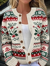 preiswerte hässlicher Pullover-Damen Weihnachtspullover Fair Isle Pullover Strickjacke Mode Täglich Lässig Grafik Gerippt Rundhalsausschnitt Knöpfe Druck Langarm Normale Oberteile Stricken Weihnachten Outdoor Täglich Beige Herbst