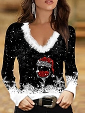 olcso Karácsonyi felsők-Karácsonyi Női Blúz Grafikus Boros Pohár Hétköznapi Hosszú Ujjú V Nyak Szabványos Felsők Mindennapi Foltvarrásos Nyomás Fekete Világos Zöld Piros Kék Ősz Tél