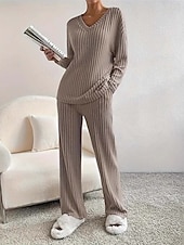 abordables Ensembles chemisiers pour femmes-Femmes Élégant Chaud ancien Ensembles deux pièces manche longue Col en V Couleur Unie Extérieur Occasionnel Quotidien Noir Vert Claire Marron clair Printemps Coupe Ample