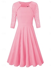 cheap Plain Dress-Women's Mini Dress A Line Dress Elegant Party Cocktail Outdoor Party Wedding Lace Patchwork Regular Fit Solid Color 3/4 Length Sleeve Square Neck Pink Wine Red