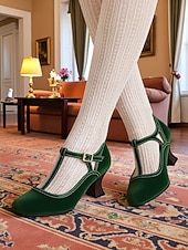  Groene Mary Jane-hakken met T-bandjes voor dames, Edwardiaanse vintage stijl uit de jaren 30 met ronde neus en halfhoge hak voor retro-outfits, formele evenementen en gatsbyfeesten