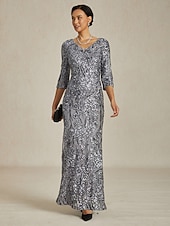 お買い得  スパンコールドレス-女性用 マキシドレス シースドレス エレガント フォーマル セミフォーマルドレス パーティー スパンコール レース 刺繍 レギュラー 純色 七分袖 Ｖネック グレー