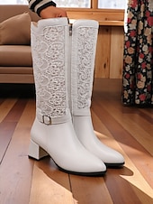  naisten valkoiset pitsipaneelilla varustetut polvipituiset saappaat solkiremmillä ja lohkokoroilla, elegantit vintage-hääsaappaat &juhlamuotisaappaat