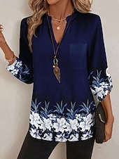 preiswerte Blumenblusen-Damen Bluse Druck Blumen Grafik Vintage Tropisch Hawaiianisch Langarm V Ausschnitt Normale Oberteile Täglich Ferien Strandbekleidung Blau Grün Frühling Herbst Winter