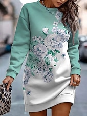 voordelige Sweater- en hoodiejurken-Dames Mini-jurk Hemdjurk Casual Feestdagen Uitgaan Weekend Normale pasvorm Bloemig Grafisch Lange mouw Strakke ronde hals Blozend Roze Paars Groen Grijs Lente Herfst Winter
