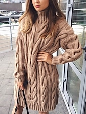 billiga Solida färger-Dam Tröja Tröja klänning Ledigt Mjukt Ren färg Kabel Polokrage Stickat Långärmad Långa toppar Sticka Utomhus Dagligen Helgen Svart Grön Höst Vinter