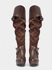 abordables Medieval &amp; Renacimiento-Botas medievales marrones por encima de la rodilla para mujer con tacones de aguja altos y diseño de correa con hebilla, botas de moda de estilo renacentista vintage para fiestas de disfraces, cosplay