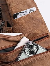 billiga Crossbodyväskor-Damväska i brunt konstläder med flera dragkedjefickor, vintage avslappnad axelväska, lätt axelväska för dagligt bruk, resor och shopping