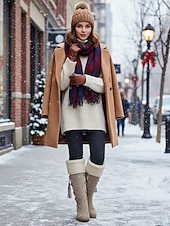 preiswerte Schnee- und Winterstiefel-Damenstiefel mit Keilabsatz aus braunem Wildleder und Kunstfellbündchen – stylisches Schnürdesign mit Quasten, warme und bequeme Winterstiefel für Freizeit und Outdoor