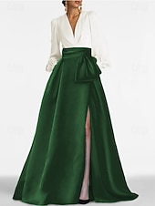 cheap A-Line Evening Dresses-A-Line Sweep Brush Train Evening Gown Ball Gown Formal Dress Elegant High Split Long Sleeve V Neck Formal Wedding Guest Satin with Pleats Slit