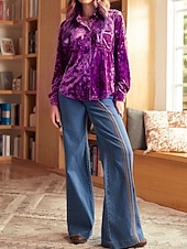 Χαμηλού Κόστους Απλές μπλούζες-Γυναικεία Βελούδο Κομψή Φιλάρεσκος Μπλούζα Κουμπιά Σκέτο Βοημία Βίντατζ Καθημερινά Μακρυμάνικο Κολάρο Πουκαμίσου Κανονικά μπλουζάκια Καθημερινά Βραδινό Ρούχα για Πάρτυ Αργίες