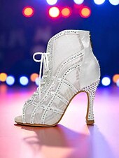 billige Dansestøvler-Svarte damesko med høy hæl og netting i netting og strass, stilige latinske ballroomsko med åpen tå for salsa og tango &amp;sceneopptredener