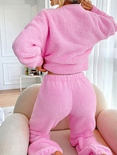 tanie Doły i topy do spania dla kobiet-Damskie Piżama Odzież domowa Zestawy piżamowe Flanela Ciepłe Moda Czyste kolory Elastyczny pas Nogawka Dom Codzienny Długi rękaw W serek Rumiany róż Jesień Zima Regularny