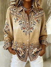 preiswerte Blumenblusen-Damenhemd Leinenähnlich Atmungsaktiv Leicht Florales Grafik Paisley Elegant Stilvoll Modern Lange Ärmeln Hemd Kragen Reguläre Tops Arbeit Druck Gelb Khaki Beige Frühling Herbst Winter