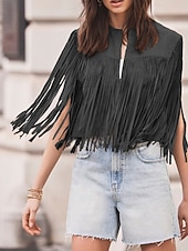 tanie Zwykły zbiornik-Damskie Bluzka Frędzel Równina Zachodni Bez rękawów W serek Zwykłe topy Święto Wyjściowe Czarny Jasnobrązowy Lato Wiosna