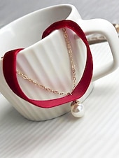 abordables Collier pour femme-Collier ras du cou en velours pour femme avec pendentif cœur rouge - élégante chaîne dorée à double couche pour Noël et les fêtes de fin d'année