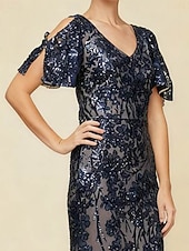  Per donna Abito maxi Tubino Elegante Festa serale Feste Paillettes Pizzo Traforato Vestibilità regolare Floreale Mezza Manica Girocollo Blu marino