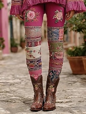 economico Stampa Floreale-Per donna Leggings Vacanza Vintage Moda Lunghezza intera Vita Alta Floreale Grafico Coulisse Patchwork Stampa Calore Termico Morbido Traspirante Elasticizzato Quotidiano All'aperto Vacanza Bianco