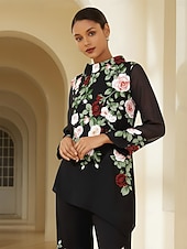 お買い得  シャツ、トップス、ブラウス-レディースブラウス ブラック 花柄 ストレッチ シフォンスリーブ バトーネック カジュアル 快適 春 夏 秋 バケーション