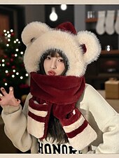 levne Dámské klobouky-Dámská vánoční sada šály a rukavic, kapuce s výšivkou Santy a stromečku, teplý zimní sváteční doplněk