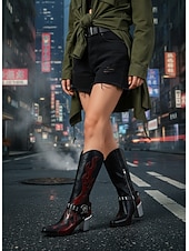 economico Stivali da cowboy e occidentali-Stivali da cowboy western da donna con ricami a fiamma - stivali gotici neri e marroni con tacco grosso a metà polpaccio per Halloween, festival musicali e abiti da rodeo