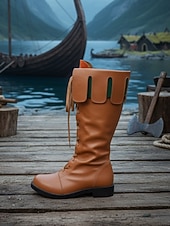 voordelige Middeleeuwen &amp; Renaissance-Middeleeuwse Viking-kniehoge veterlaarzen van imitatieleer voor dames, retro renaissancekostuumschoenen voor LARP, cosplay en festivals &amp;podiumoptredens