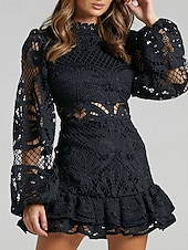 preiswerte schwarzes Minikleid-Damen Minikleid Spitzenkleid schwarzes kleid Cut-out-Kleider Etui-Kleid Mode Modern Mesh-Ärmel Laternenärmel Büro Ausgehen Normale Passform Blumen Langarm Stehkragen Blau Schwarz Weiß Rosa Frühling