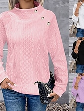 ieftine Hanorace simple-Hanorac elegant pentru femei, la modă, drăguț, culoare uni, guler înalt, nasturi, texturat, mânecă lungă, model obișnuit, topuri tricotate, exterior, acasă, lucru, negru, alb, primăvară, toamnă