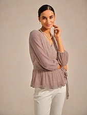baratos Blusas Simples-Mulheres Blusa gravata na frente Metálico Elegante Manga Longa Decote V Tops regulares Convidado do casamento Roupas para encontros noturnos Traje para coquetel Rosa Verão Primavera Outono Inverno