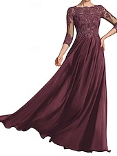 preiswerte Bodenlänge-A-Linie Bodenlänge Hochzeitsgastkleid Formelle Kleider Abendkleid Brautmutterkleid 3/4-Ärmel Rundhalsausschnitt Elegant formell Hochzeitsgast mit Falten Solid Color