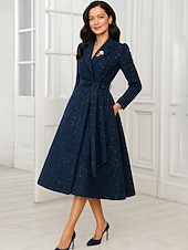  فستان حفل بطول شاي على شكل A، فستان كوكتيل، فستان ضيف زفاف، فستان والدة العروس، بأكمام طويلة وياقة قميص، أنيق، بسيط، رسمي مع حزام/رباط