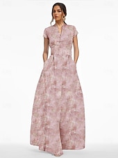 cheap Floor Length-A-Line Floor Length Wedding Guest Dress Formal Dresses Evening Gown Mother of the Bride Dress Short Sleeve V Neck Elegant Vintage Wedding Formal Nylon with Slit Pocket