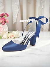 billige Pumps med blokkhæl-dame oransje sateng pumps med blokkhæl og perlemor &amp;bånd ankelstropp - elegante spisse høyhælte sko til bryllup, fester &amp;kveldsarrangementer