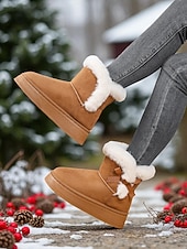 cheap Snow &amp; Winter Boots-Women&#039;s White Fur-Trimmed Slip-On Winter Boots with Bow Detail, Stylish Cozy Snow Boots for Cold Weather and Holiday Wear