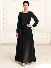 preiswerte Bodenlänge-A-Linie Bodenlang Kleid für Hochzeitsgäste Abendkleid Brautmutterkleid Langarm Rundhalsausschnitt Elegant Vintage Formell Formeller Abend Hochzeitsfeier mit Einfarbig